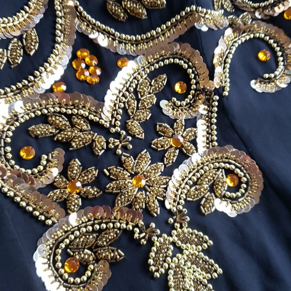 Vtg Jovani black silk gown with gold sequin detail - Picture 11 of 13